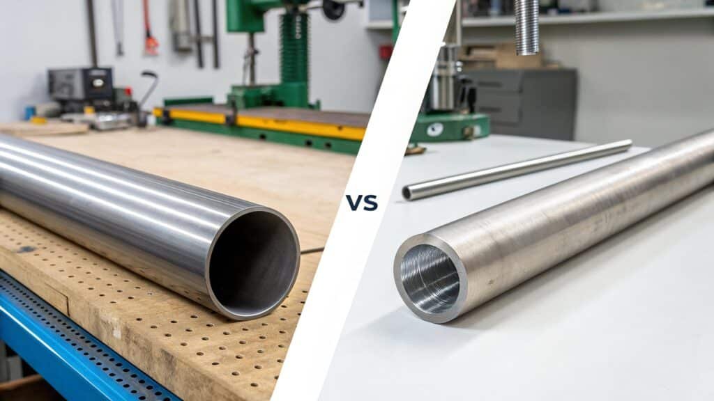 A visual metaphor comparing a thin, flexible ruler (representing aluminum) and a rigid metal bar (representing steel) being bent by the same force. The aluminum ruler bends much more.